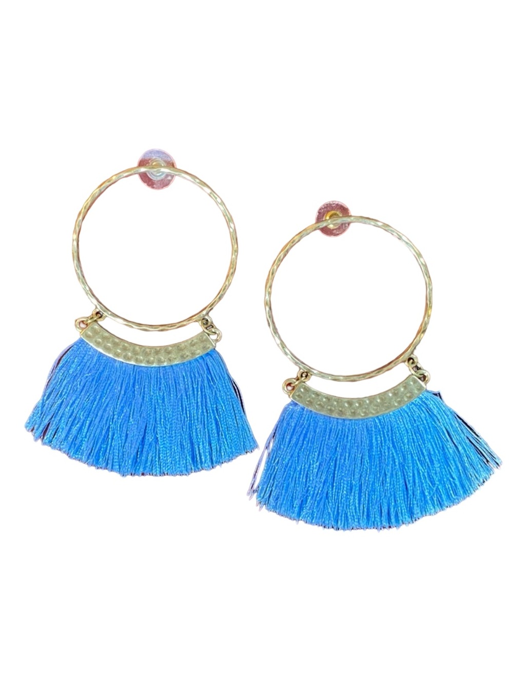 Boho By The Ocean Hoop Blue Fan Tassel Dangle Earrings